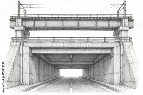 Technical Sketch of a Road Tunnel and Railway Overpass