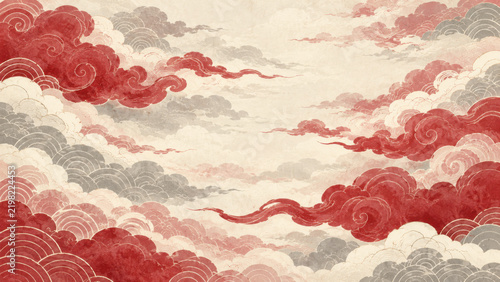 Traditional Chinese Style Red and White Swirling Clouds