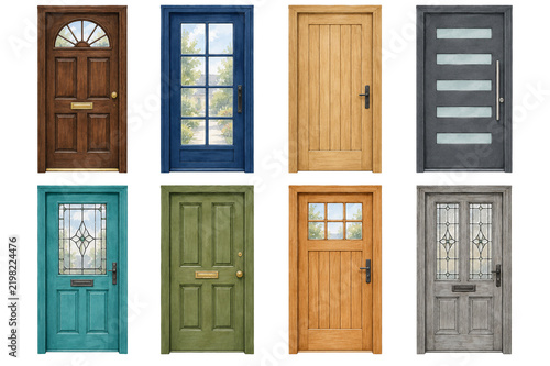 Wooden Door Set in Classic and Modern Styles Isolated on White Background