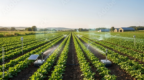 Automated irrigation systems watering rows of green crops in a vast agricultural field under a clear sky, showcasing modern farming technology.