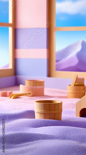 A cozy interior featuring pastel-colored walls, wooden containers, and soft textures