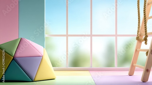 A colorful indoor play area featuring geometric shapes and a bright window creating a serene ambiance