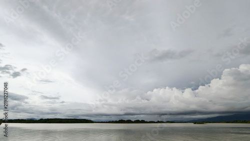Dramatic Cloudy Sky Over Calm Lake Water Landscape