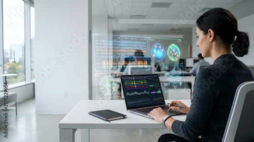 Professional woman analyzing brain neural activity data on laptop screen