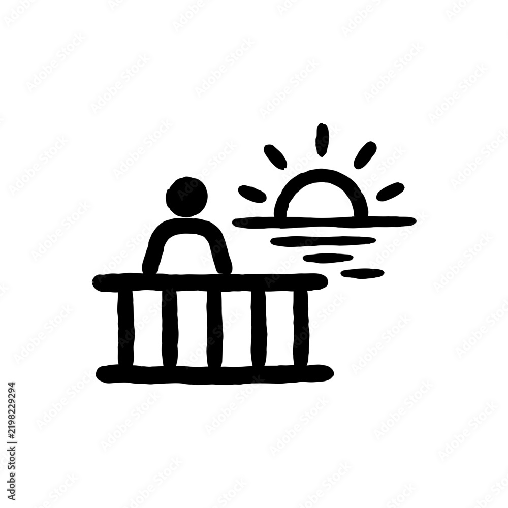 Fototapeta premium A hand drawn black and white icon of a person leaning on a balcony railing watching the sunset, representing relaxation and quiet moments.