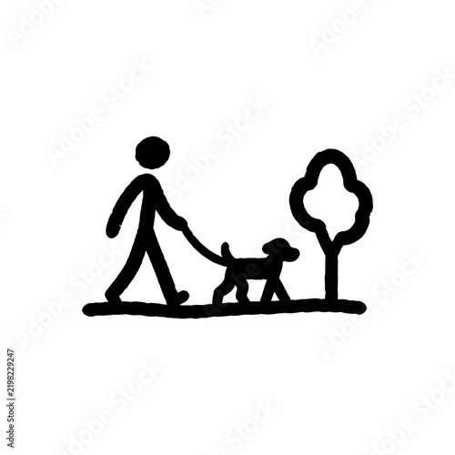 A hand drawn black and white icon of a person walking a dog on a leash past a tree, representing pet ownership and outdoor walks.