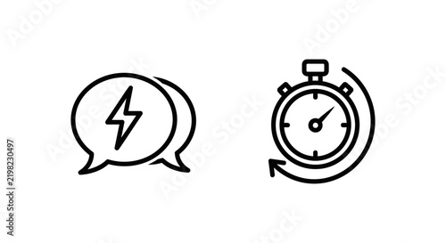Minimalist icon set representing prompt reply and fast response concepts with response lightning stopwatch communication efficiency isolated business notification technology