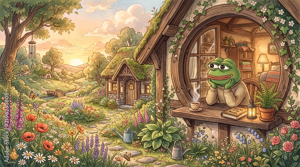 Fototapeta premium Sad frog character relaxing in a cozy cottage at sunset