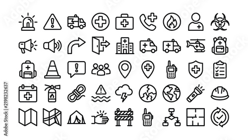 Set of emergency and disaster management line icons for safety and rescue services