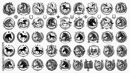 Set of black and white horse emblem designs and vintage style animal heraldry logos.