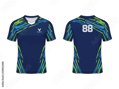 Navy blue soccer jersey with green and blue abstract brush strokes and number