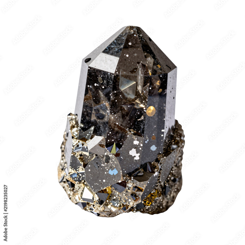 Fototapeta premium Dark gray quartz crystal with gold and white inclusions on a white background