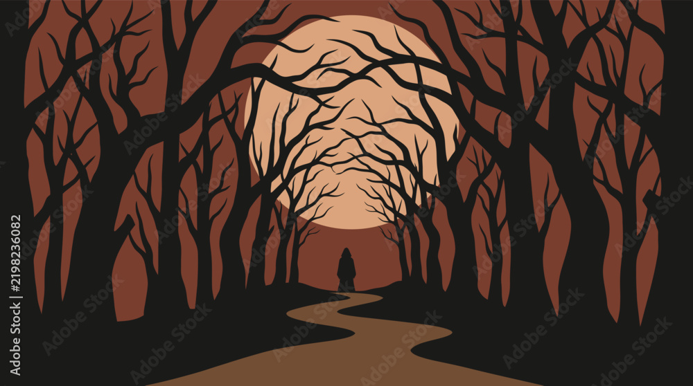 Obraz premium A hauntingly beautiful halloween scene depicts a lone figure walking down a winding path through a spooky dark forest under a full moon