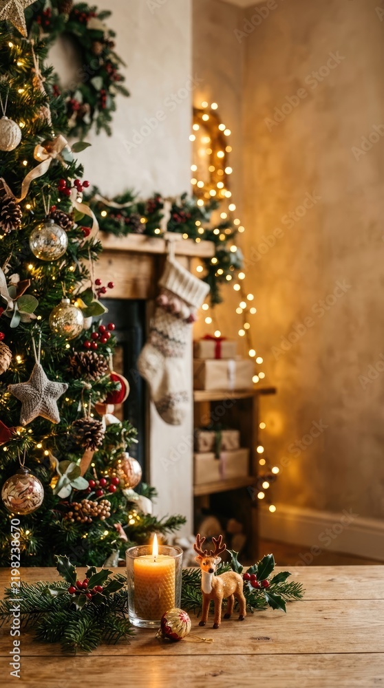 Obraz premium Festive hearth interior: merry christmas, glowing candle, decorated fir, cozy fireplace, rustic timber, winter ornament, deer figurine, magical atmosphere, warm room.