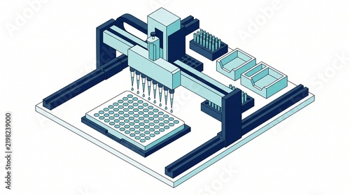 Isometric automated liquid handling machine with microplate on white background