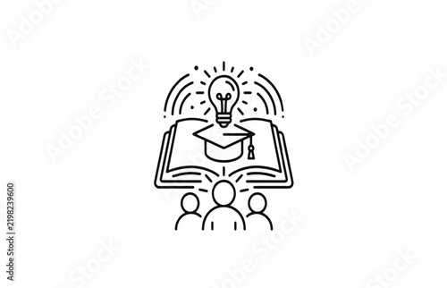 Lightbulb over graduation cap and open book with three student outlines below.