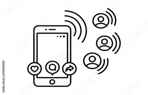 Smartphone showing social media icons transmitting signal to virtual users on right.