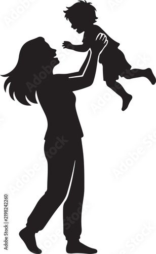 Loving Mother Holding Toddler Up Vector Silhouette Design 