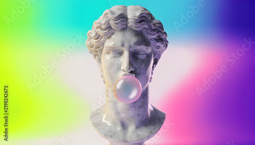 Classical marble bust sculpture blowing bubblegum. Vaporwave aesthetics and modern pop art culture. Ancient Greek statue blowing pink bubble gum against neon gradient background