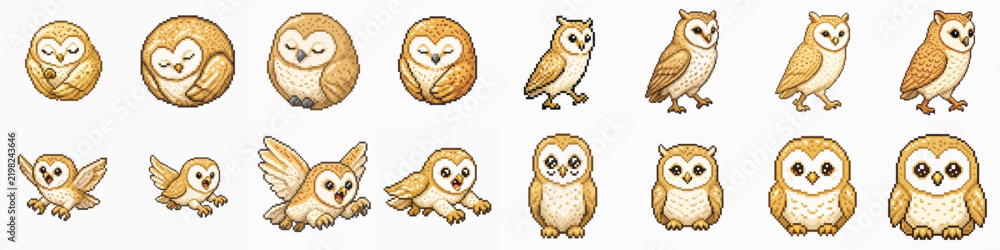 Fototapeta premium Set of cute pixel art barn owls in various poses