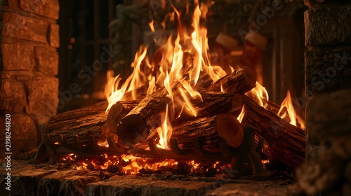 POV Roaring Christmas Fireplace with Logs and Hanging Stockings.