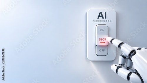 AI Technology Stop Switch with Robotic Hand and Artificial Intelligence Control Concept