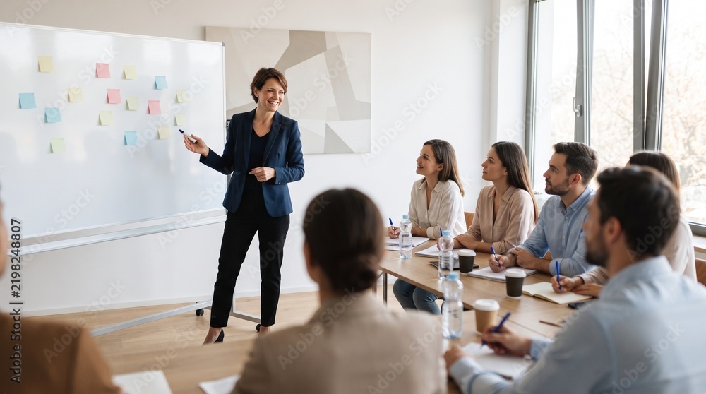 Fototapeta premium Facilitator presenting at a whiteboard during a team workshop