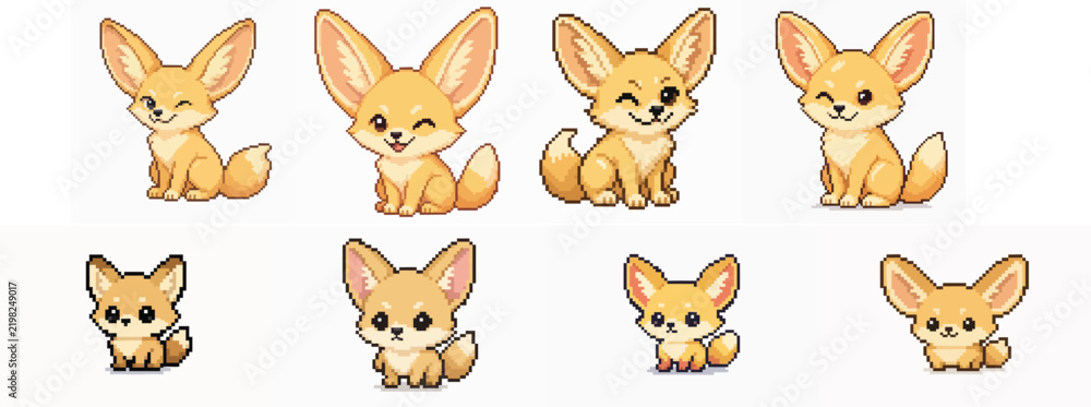 Obraz premium Set of cute fennec fox pixel art characters