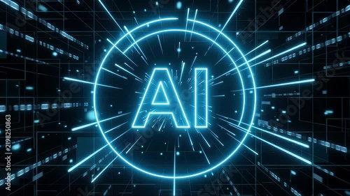 Artificial intelligence text symbol radiating blue light in cyberspace