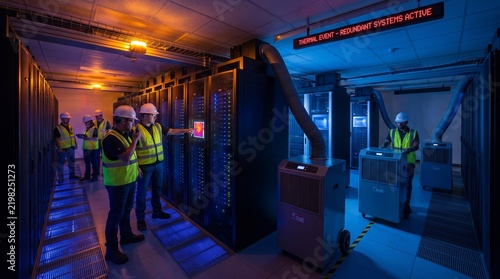 Professional technicians working in a modern server room data center facility.
