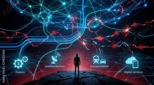 Silhouette of a person standing before a futuristic digital network representing global infrastructure and connectivity.