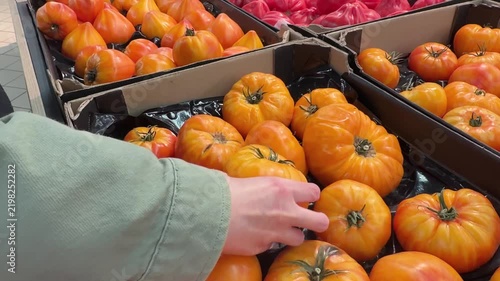 Customer Picking Yellow Heirloom Tomatoes at Market