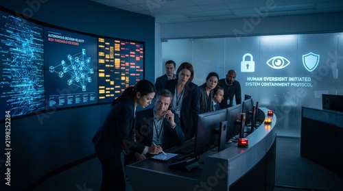 Professional cybersecurity team monitoring digital threats in a high-tech operations control center.