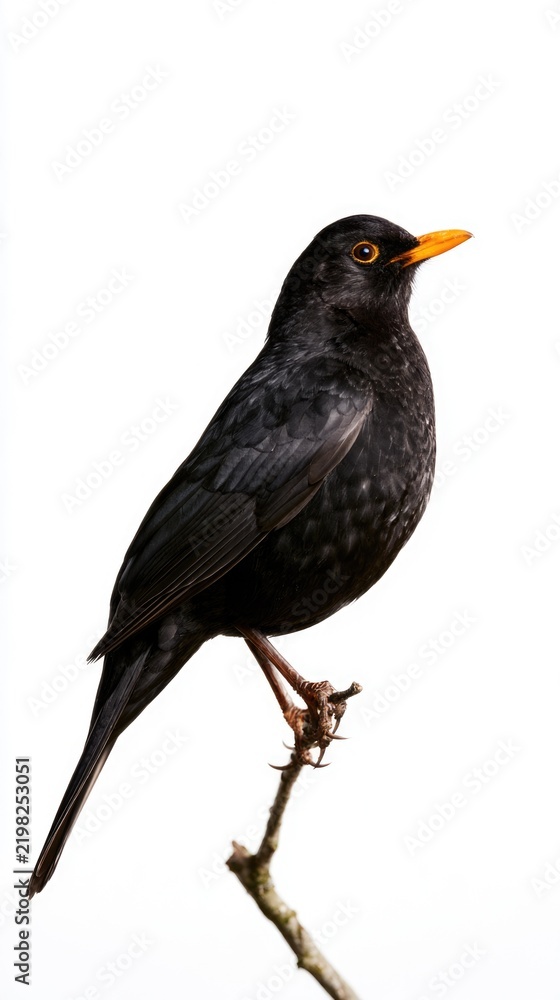 Fototapeta premium Common blackbird perched on branch isolated on white background