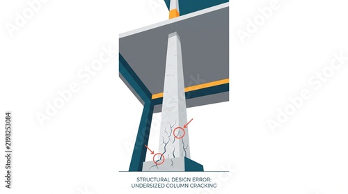 Illustration of a structural column with cracks at its base, highlighting undersized column cracking due to design errors.