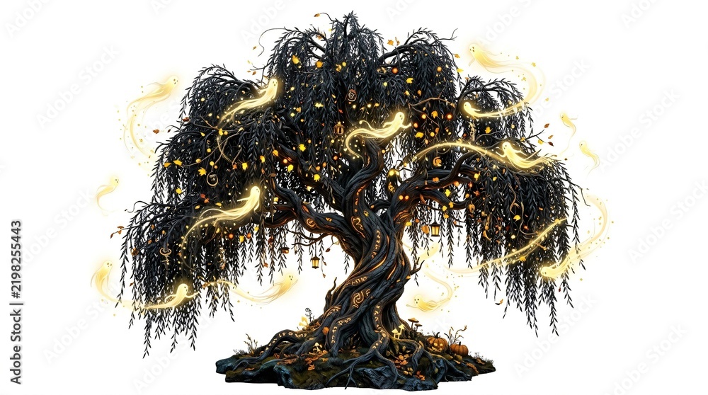 Obraz premium Majestic dark willow tree with glowing golden lights and swirling magical energy trails isolated against a clean white background