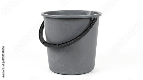 A simple grey plastic bucket with a black handle isolated on a clean white background for household cleaning