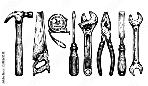 Hand drawn construction and repair tools black line vector collection
