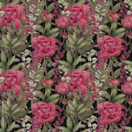 Seamless botanical pattern with pink peonies, green leaves, and dark background, creating dense floral surface for fabric, wallpaper, wrapping paper, textile design, stationery, decor, and feminine