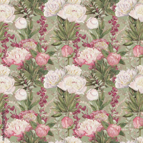 Soft watercolor peony blossoms and leafy stems arranged in repeating floral pattern, featuring blush pink, cream, and sage tones for elegant wedding stationery and fabric design