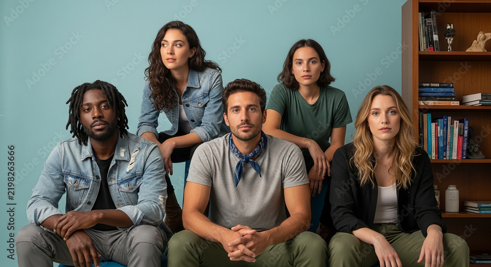 Fototapeta premium Five diverse adults sitting closely, appearing as a team or a group of friends, showcasing unity and casual style, against a plain blue background.