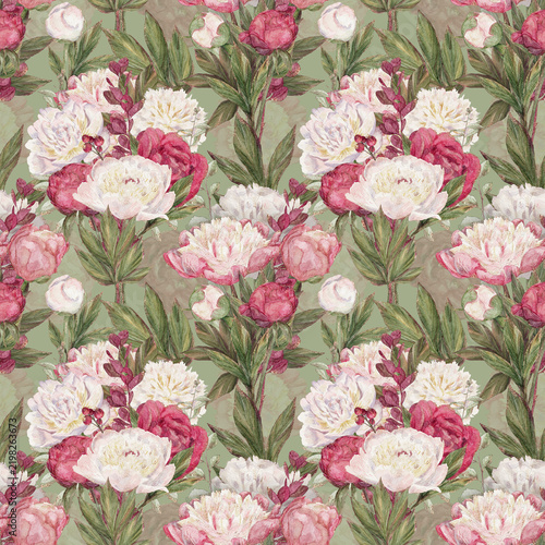 Watercolor peony floral pattern with pink and white blossoms, soft green foliage, vintage botanical style, repeating surface design for wallpaper, fabric, wrapping, stationery, home decor and