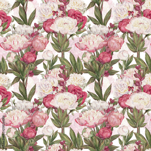Watercolor peony blossoms and leafy stems arranged in repeating floral pattern with soft pink, blush, cream, and deep rose tones, creating elegant botanical surface design for fabric, wrapping