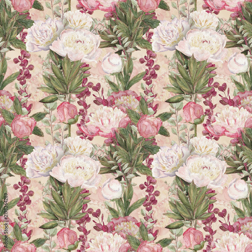 Elegant watercolor peony botanical seamless pattern with soft pink, white, and green blossoms, leafy stems, vintage garden style, repeating floral background for wedding stationery, wallpaper