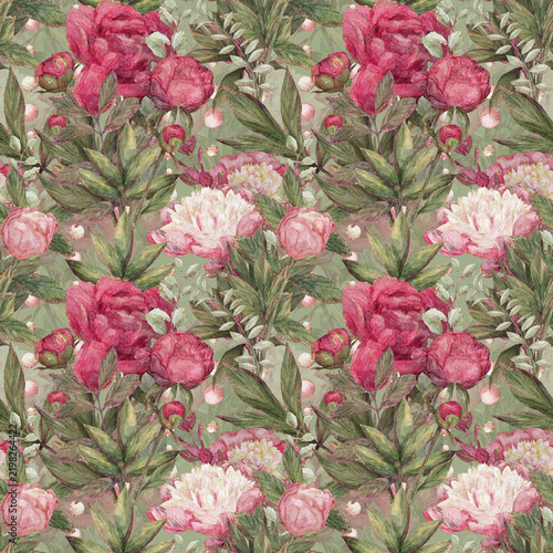 Watercolor peony floral pattern with pink blossoms, soft green foliage, layered botanical texture, repeating garden arrangement, spring palette, decorative seamless background for wedding