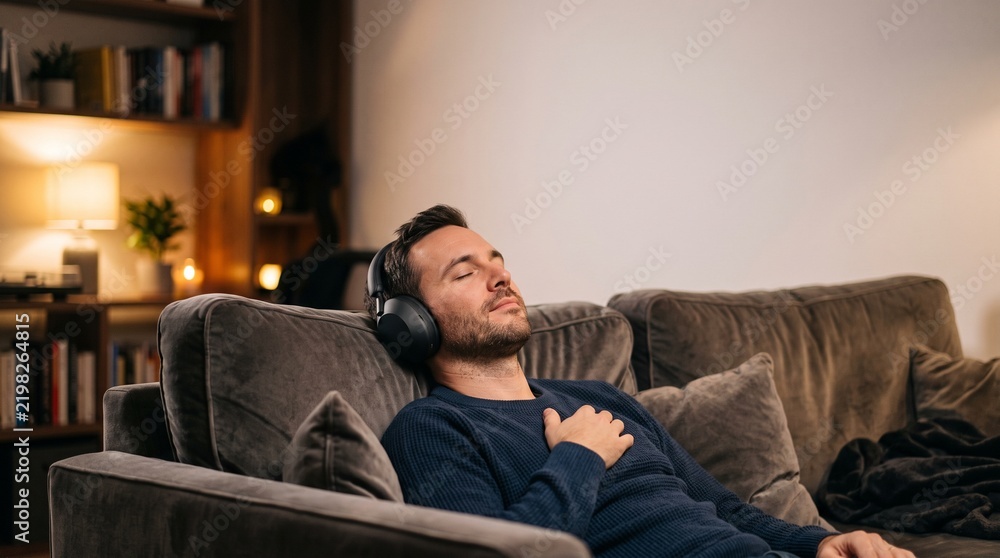 Fototapeta premium Man relaxing with headphones on a couch in a cozy living room