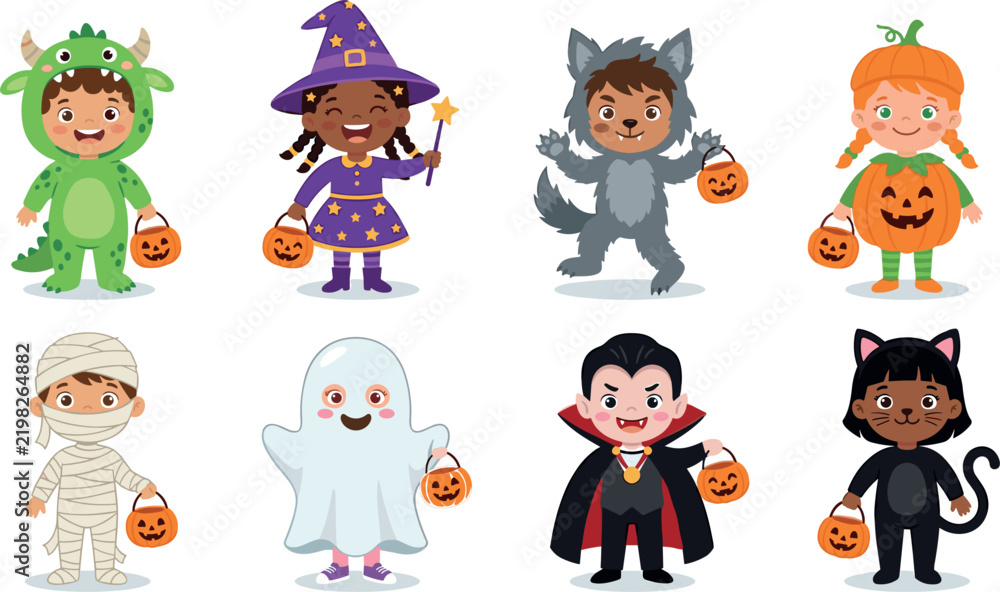 Fototapeta premium Cute Kids Halloween Costumes Trick or Treat Monster Witch Werewolf Pumpkin Mummy Ghost Vampire and Black Cat Vector Character Set