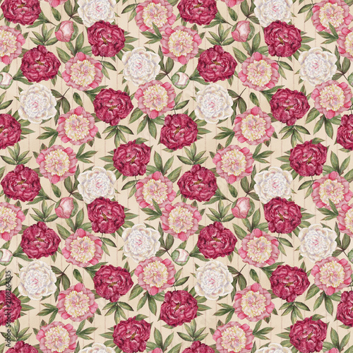 Watercolor peony floral pattern with blooming pink, cream, and burgundy flowers, soft green leaves, and repeating botanical arrangement on warm beige background
