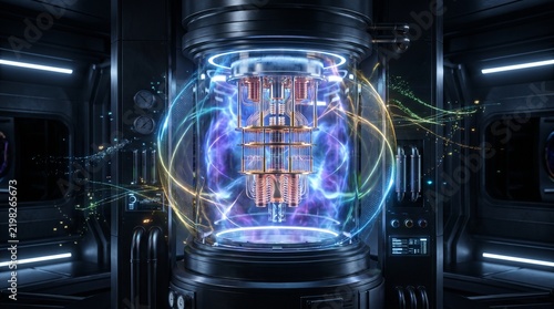Futuristic fusion reactor core glowing with plasma energy and magnetic fields representing clean energy technology and scientific innovation in a sci-fi laboratory