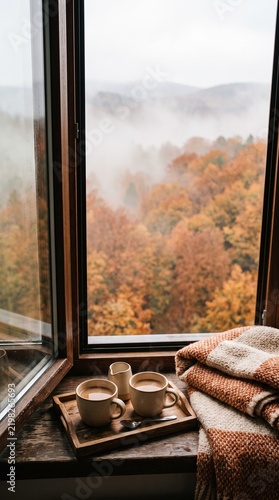 Cozy mugs of coffee on wooden tray by window with autumn view  